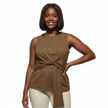 Tie Front Sleeveless Knit Top Brown Nawao.com