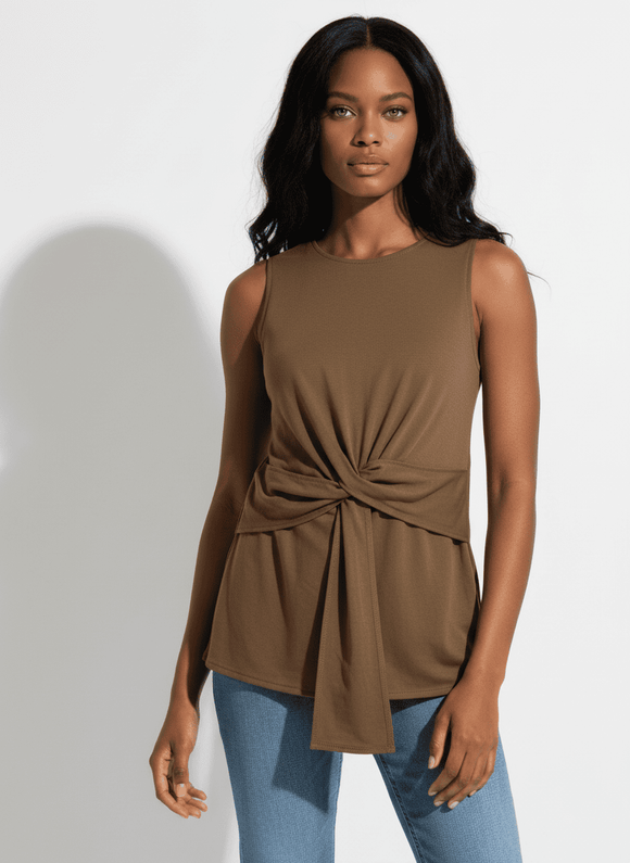 Tie Front Sleeveless Knit Top Brown Nawao.com
