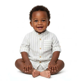 White And Beige Striped Ls  Mandarin Shirts White Nawao.com