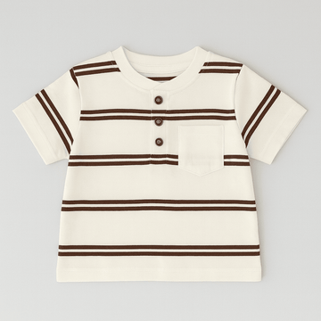 White And Brown Striped Yd Henley Tshirt Nawao.com