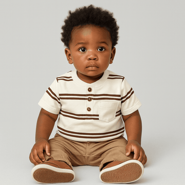 White And Brown Striped Yd Henley Tshirt Nawao.com