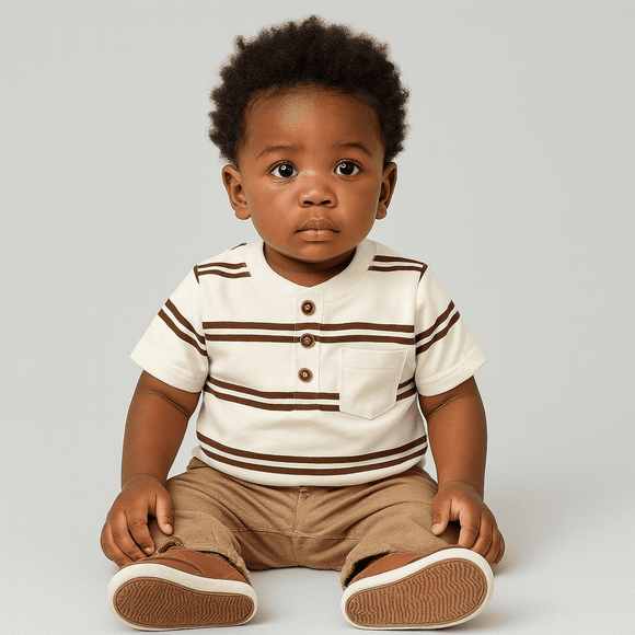 White And Brown Striped Yd Henley Tshirt Nawao.com