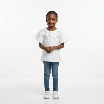 White Blouse With 3D Flower At Neck White Nawao.com