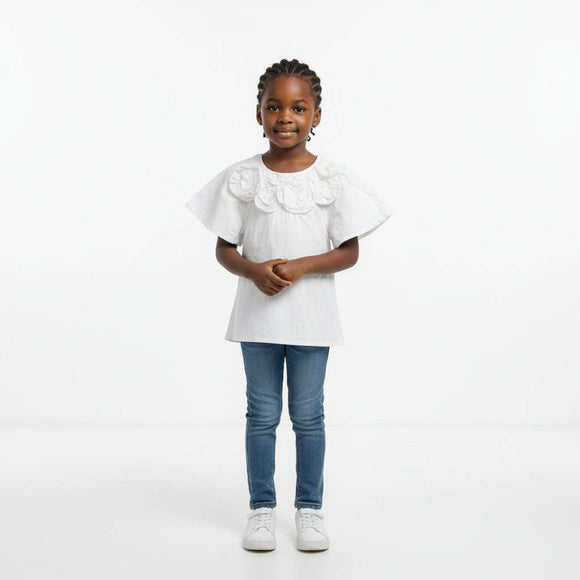 White Blouse With 3D Flower At Neck White Nawao.com