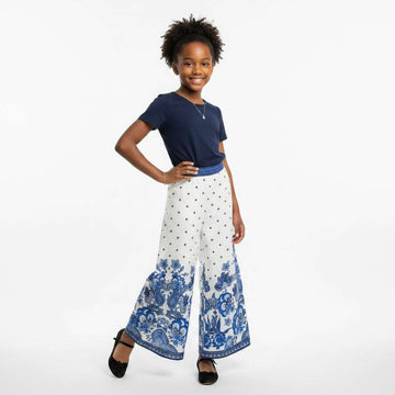 White Blue Placement Print Wideleg Pants Assorted Nawao.com