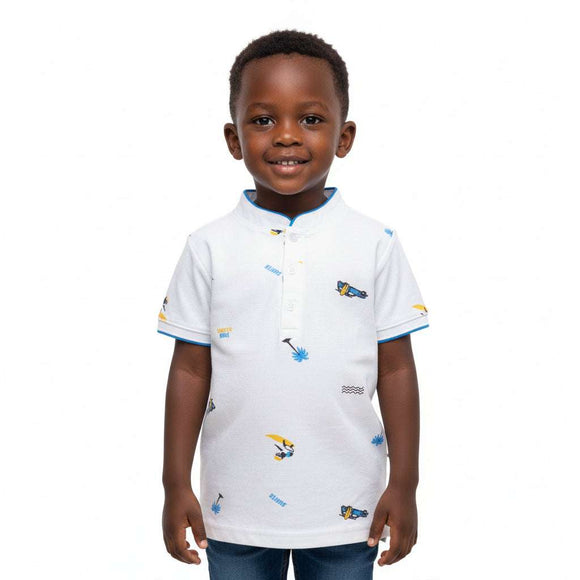 White Boat Aop Mandarin Collar Polo White Nawao.com