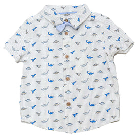 White Bow Tie Aop Dino Stripe Short Sleeve Shirt Nawao.com