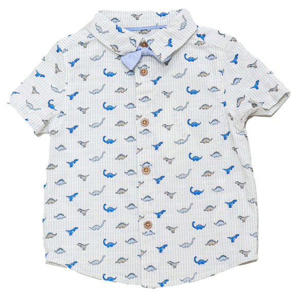 White Bow Tie Aop Dino Stripe Short Sleeve Shirt Nawao.com