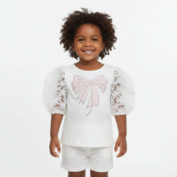 White Butterfly Embellishment With Lace Sleeve Jersey Top White Nawao.com