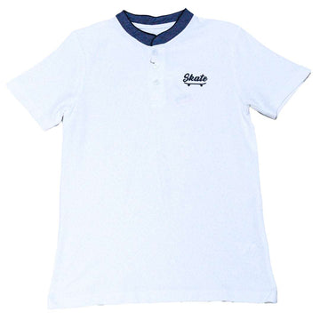 White Chambray Mandarin Collar Polo White Nawao.com