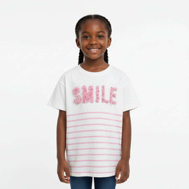 White Drop Shoulder 3D And Stripe Print T Shirt  White 2 3 Years Nawao.com