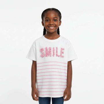 White Drop Shoulder 3D And Stripe Print T Shirt  White 2 3 Years Nawao.com