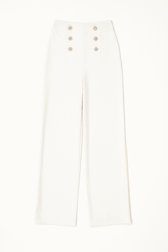 White Elasticated Button Detail Straight Fit Trouser Nawao.com