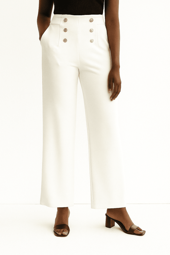 White Elasticated Button Detail Straight Fit Trouser Nawao.com