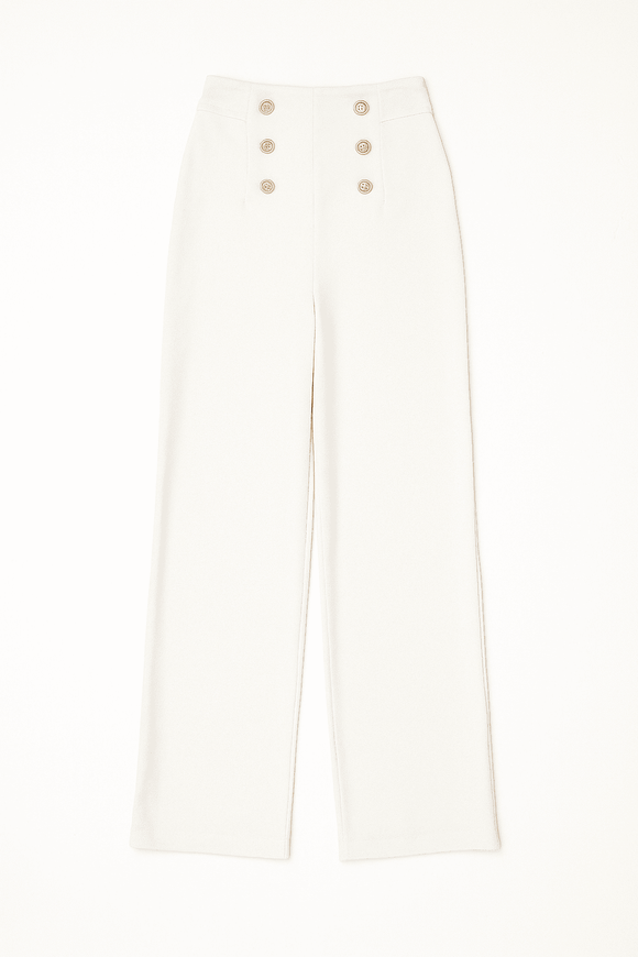 White Elasticated Button Detail Straight Fit Trouser Nawao.com