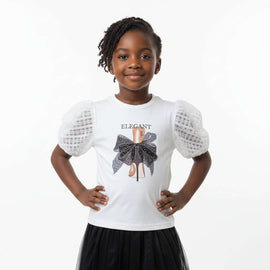 White Embellished Organza Puff Sleeve T Shirt White Nawao.com