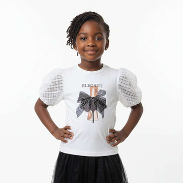 White Embellished Organza Puff Sleeve T Shirt White Nawao.com
