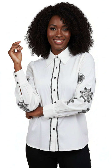 White Embroidered Collared Button Down Blouse Nawao.com