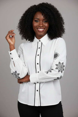 White Embroidered Collared Button Down Blouse Nawao.com