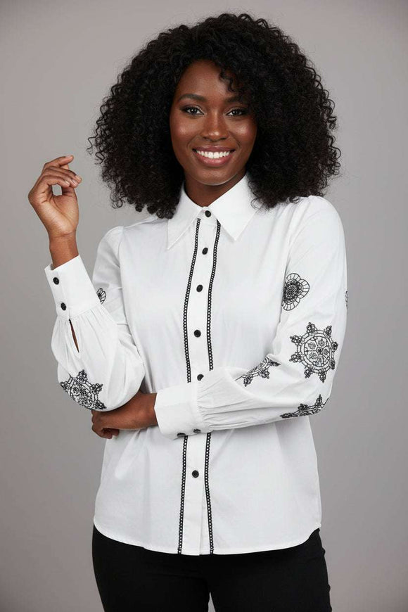 White Embroidered Collared Button Down Blouse Nawao.com