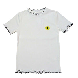 White Embroidered Rib Top With Contrast Color Nawao.com