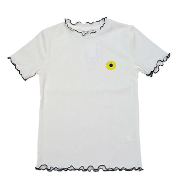 White Embroidered Rib Top With Contrast Color Nawao.com