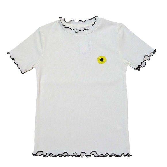 White Embroidered Rib Top With Contrast Color Nawao.com