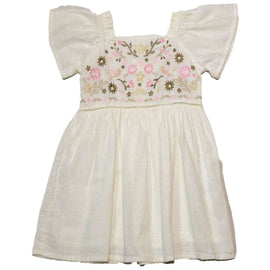 White Embroidered Yoke Flutter Sleeve Dress Nawao.com