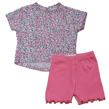 White Floral All Over Print T Shirt With Coral Tights Orange Nawao.com