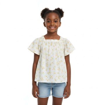White Floral Aop Flutter Sleeve Woven Blouse Nawao.com