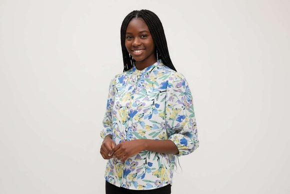 White Floral Front Button Blouse Assorted Nawao.com