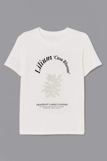 White Floral Pearl Embellished T Shirt Nawao.com