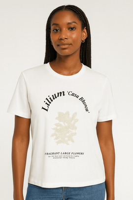 White Floral Pearl Embellished T Shirt Nawao.com