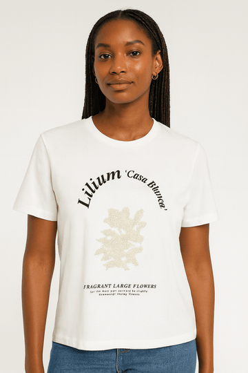 White Floral Pearl Embellished T Shirt Nawao.com