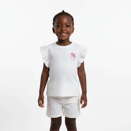 White Floral Placement Print Rib Frill Sleeve T Shirt White Nawao.com