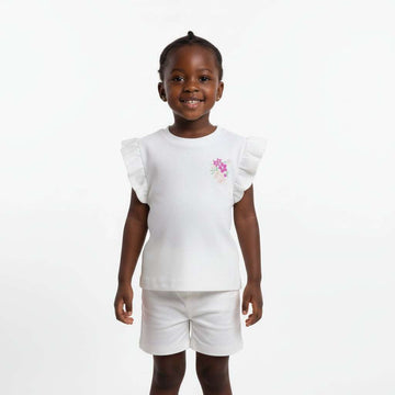 White Floral Placement Print Rib Frill Sleeve T Shirt White Nawao.com