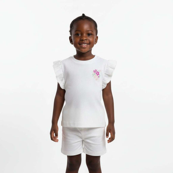 White Floral Placement Print Rib Frill Sleeve T Shirt White Nawao.com