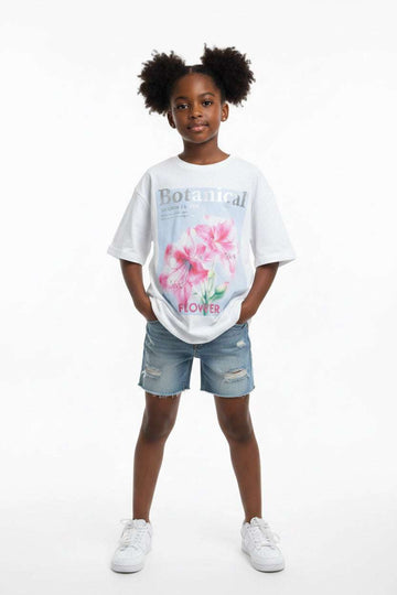 White Floral Print Interlock Oversize T Shirts White Nawao.com