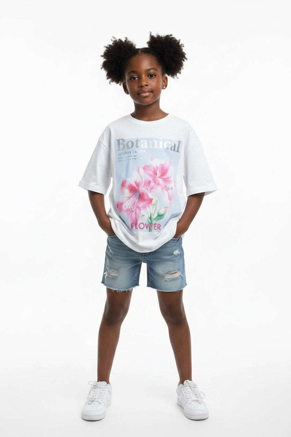 White Floral Print Interlock Oversize T Shirts White Nawao.com