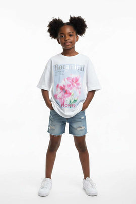 White Floral Print Interlock Oversize T Shirts White Nawao.com