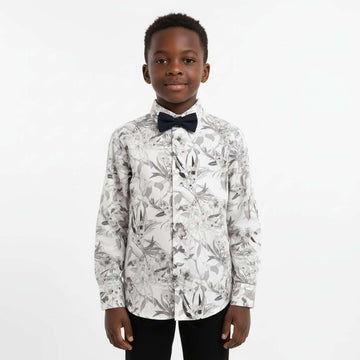 White Floral Print Long Sleeve Shirt With Bow Tie White Nawao.com