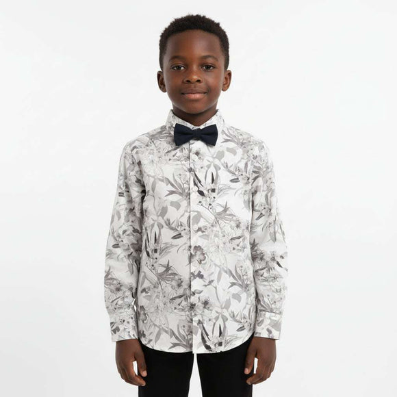 White Floral Print Long Sleeve Shirt With Bow Tie White Nawao.com