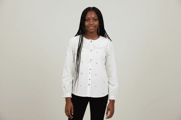 White Floral Print Peterpan Collar Blouse White Nawao.com