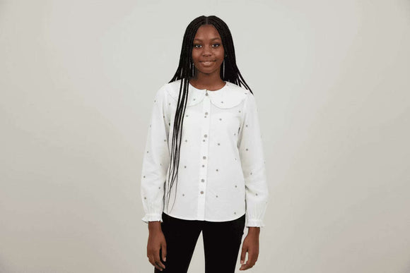 White Floral Print Peterpan Collar Blouse White Nawao.com