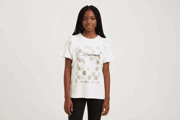 White Foil Print Ruffled Front Top White Nawao.com