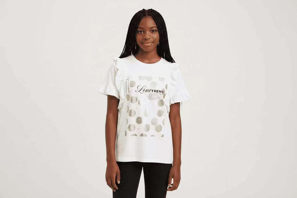 White Foil Print Ruffled Front Top White Nawao.com
