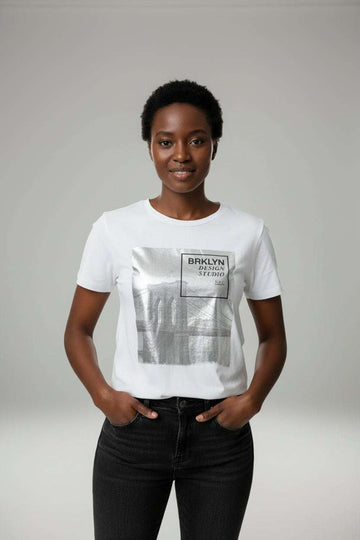 White Foil Printed T Shirt Nawao.com