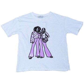 White Girly Print Oversize Tee With Rhinestones Nawao.com