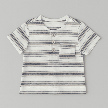 White Grey And Black Striped Henley Pique Tshirt Nawao.com