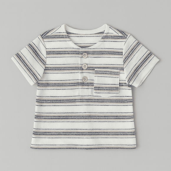 White Grey And Black Striped Henley Pique Tshirt Nawao.com